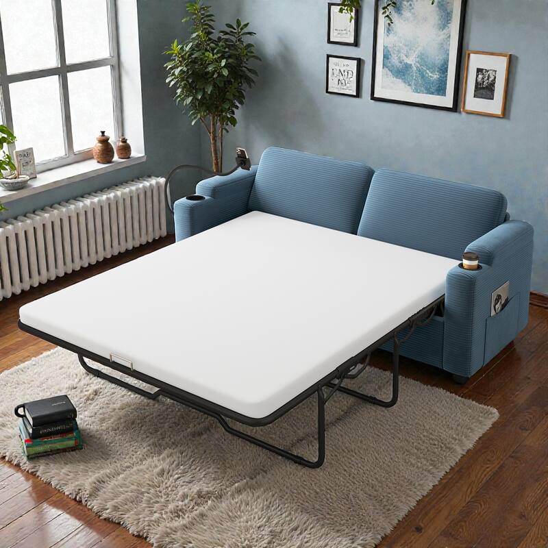 72.8" Corduroy Sleeper Sofa, Full Size Loveseat Bed with Mattress, USB Ports, Cup Holders, Side Pockets & Phone Holder