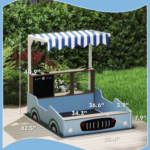 Qaba Kids Wooden Sandbox with Canopy, Grocery Store Outdoor Sand Box with Bench Seats, Bottom Liner, Drawing Board, Blue