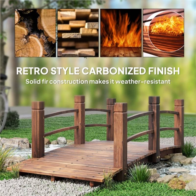 Solid Fir Wood Curved Garden Bridge with Side Rails for Gardens Ponds and Walkways Stained Finish 505 lbs Capacity