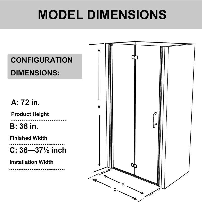ExBrite 36'' x 72'' Shower Door Frameless Hinged Bifold Panel Designed Glass Door,Thick Tempered Glass,Reversible Installation
