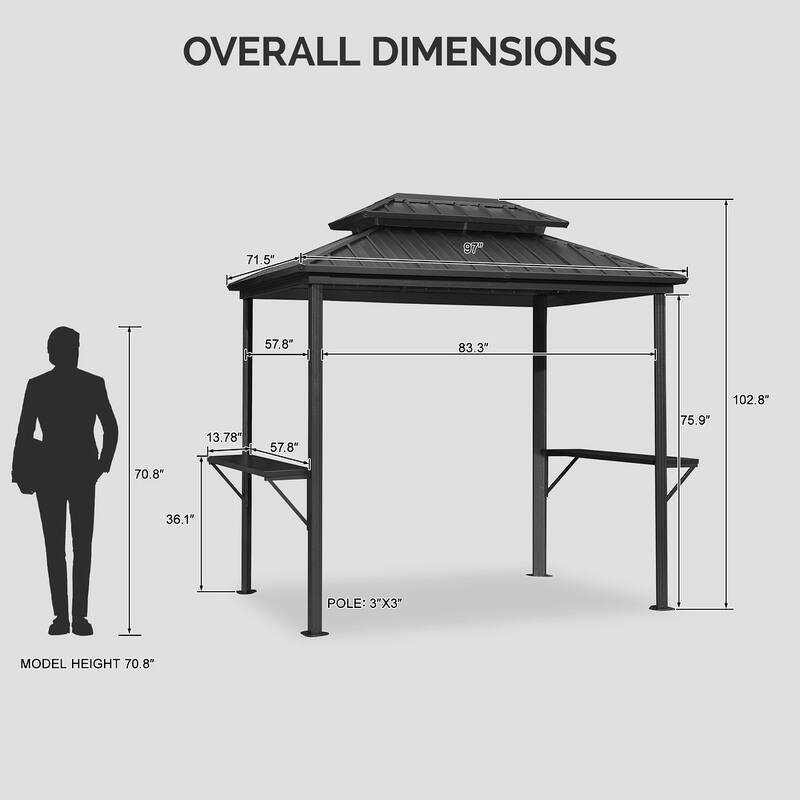 PURPLE LEAF 6ft x 8ft Hardtop Grill Gazebo Galvanized Steel Roof Outdoor BBQ Canopy with 2 Pcs Outdoor Counter Stools