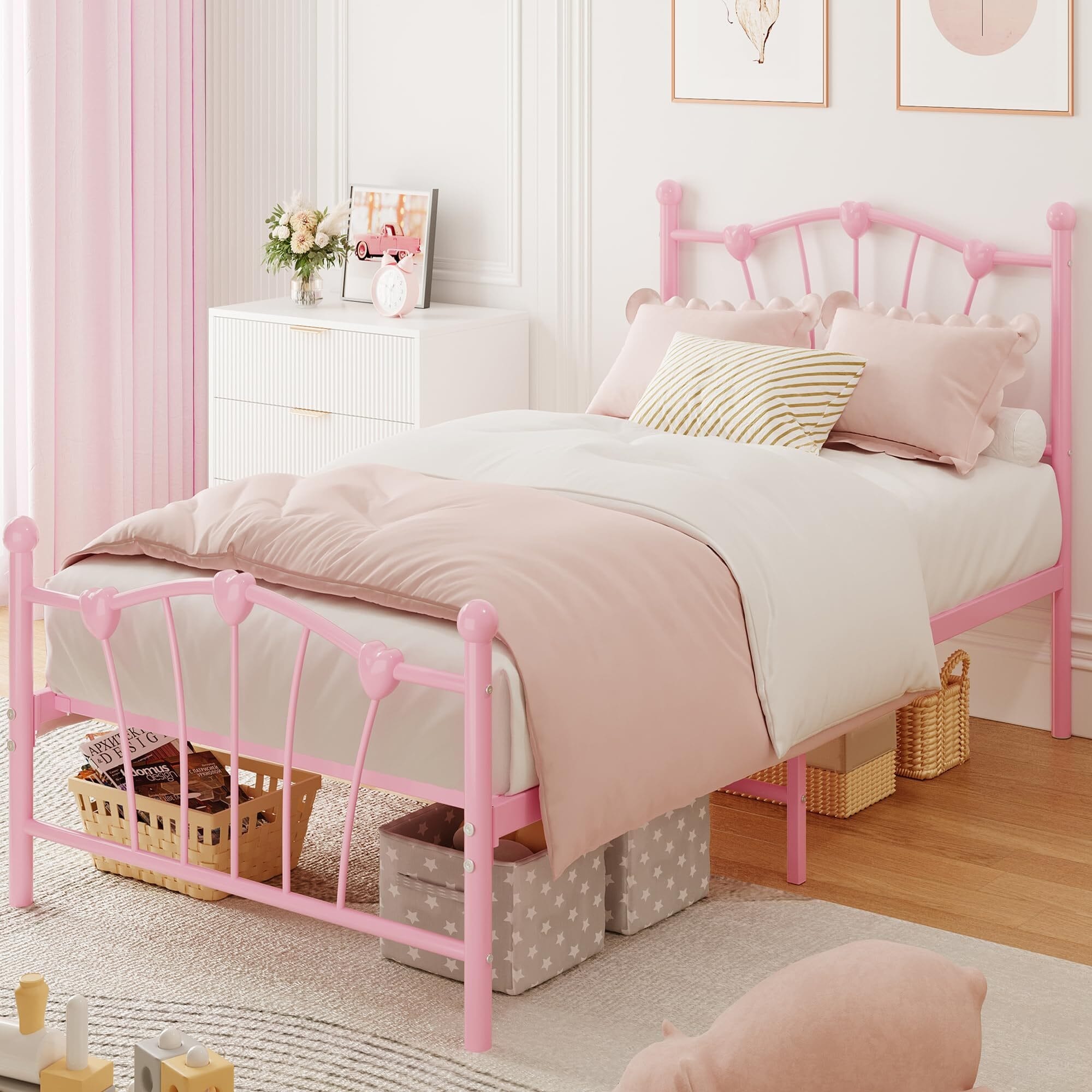 Twin Size Heart Shaped Metal Platform Bed Frame with Headboard & Footboard