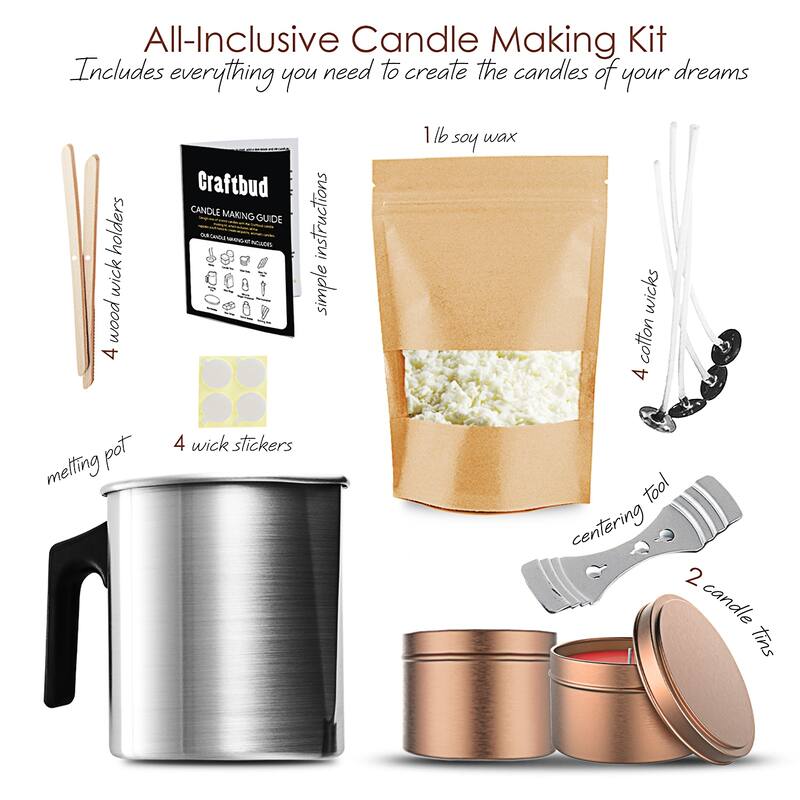 CraftBud Soy Candle Making Kit - Natural Soy Wax, Tins, Melting Pot, Cotton Wicks, Metal Centering Tool, Wick Stickers, and More