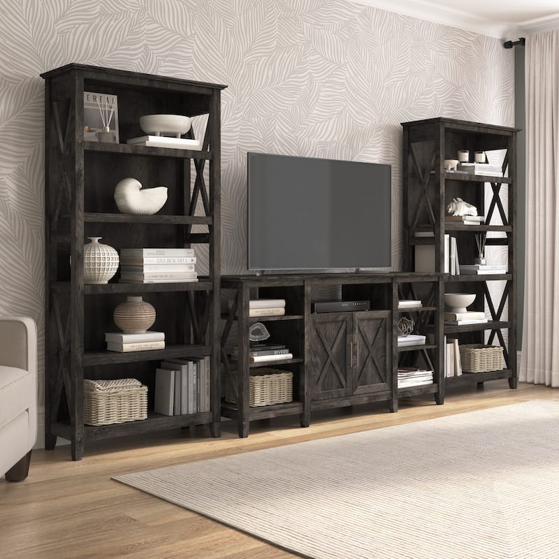 Tall Farmhouse TV Stand with 2 Bookcases by Bush Furniture - Dark Gray Hickory
