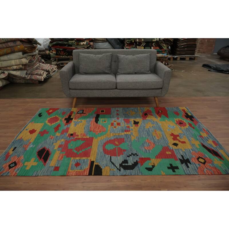 Hand Woven Oriental 100% Wool Carpet Southwestern Modern Navy Blue & Blues Kilim Area Rug - 7' 9'' X 4' 11''