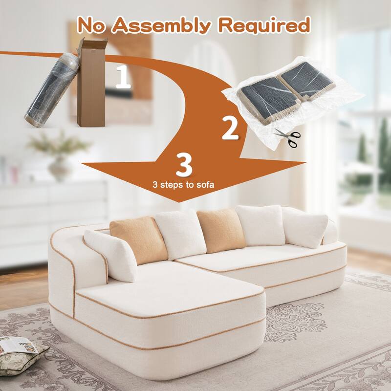 Teddy Fabric Contrast Sofa for Living Room, Upholstered Sectional Couch with L-Shaped Chaise, Boneless Couch with Throw Pillows