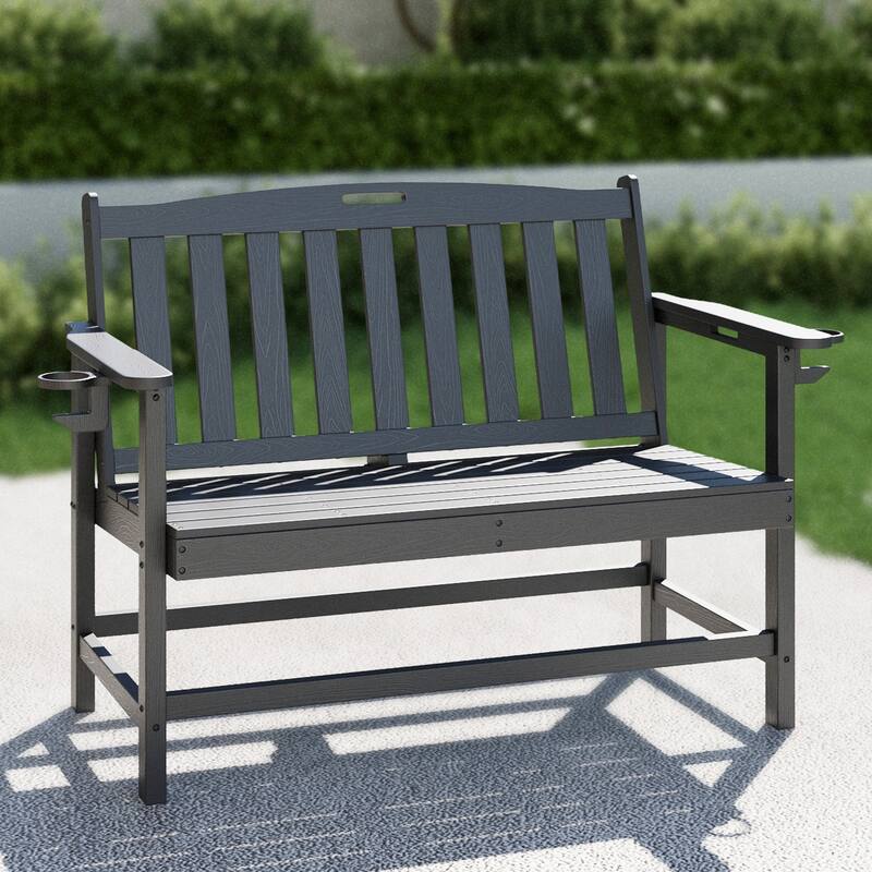 MAISON ARTS 50 Inch HDPE Outdoor Bench, All Weather 2 Seat Garden Bench with Reinforced Support Structure - Black