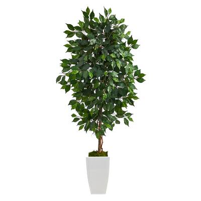 4.5' Ficus Artificial Tree in White Metal Planter - 13"