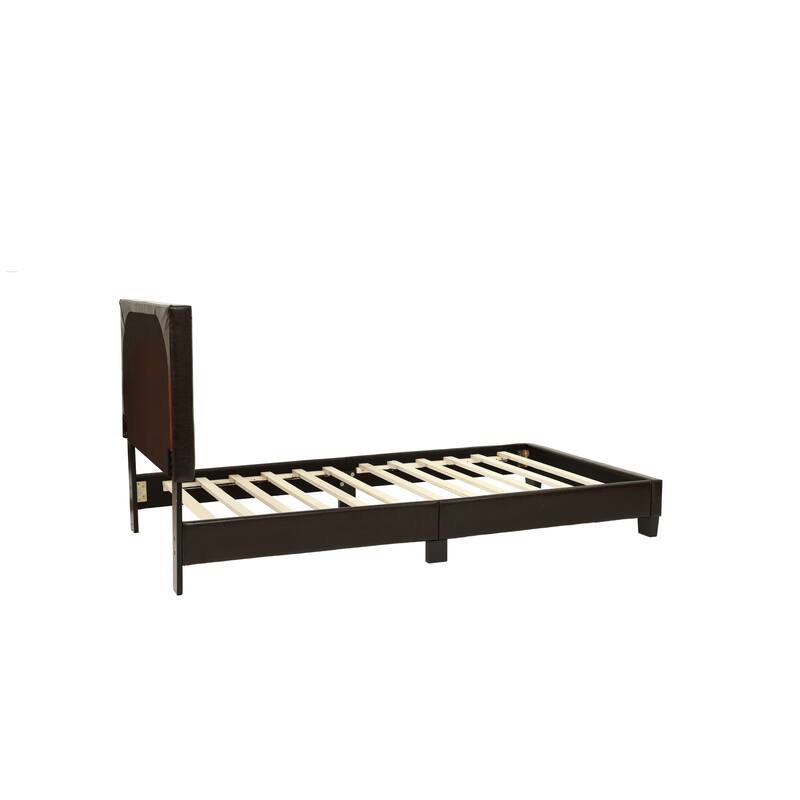 Twin Size Faux Leather Upholstered Bedframe with Adjustable Headboard, Modern Brown Bedroom Furniture