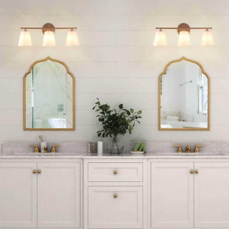 Fabrey Mid-century Modern 3-light Gold Bathroom Vanity Light Cone Beige Fabric Shade Dimmable Wall Sconces