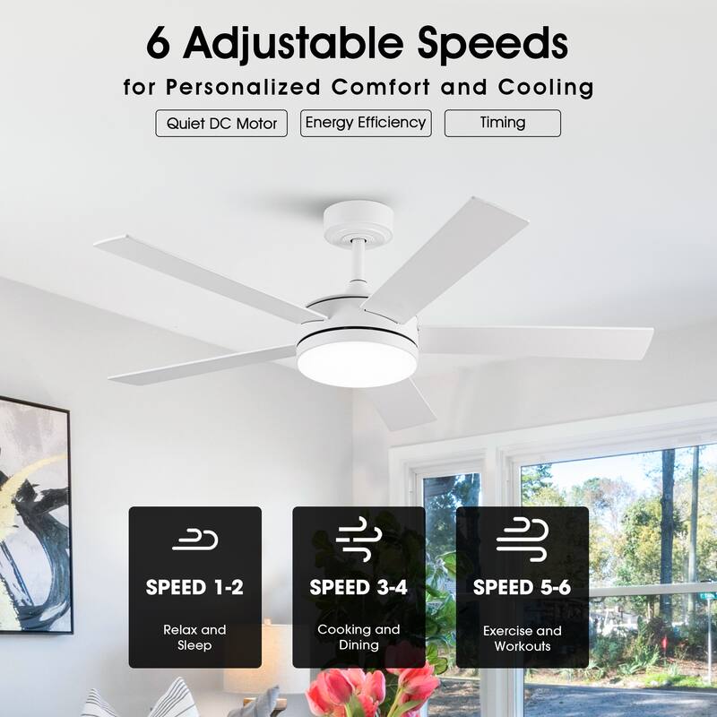 48" Modern White Bedroom Smart LED Ceiling Fan with Remote and App