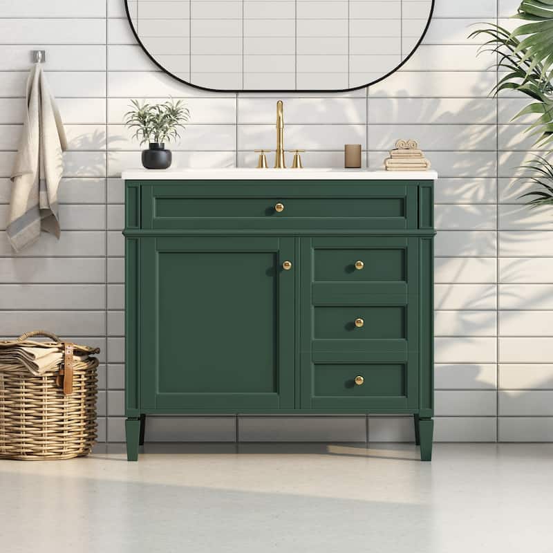 Modern Storage Cabinet Bathroom Vanity with Resin Sink, Tip-out Drawer, 2 Drawers, Side Door Organizer and Adjustable Shelf - Green