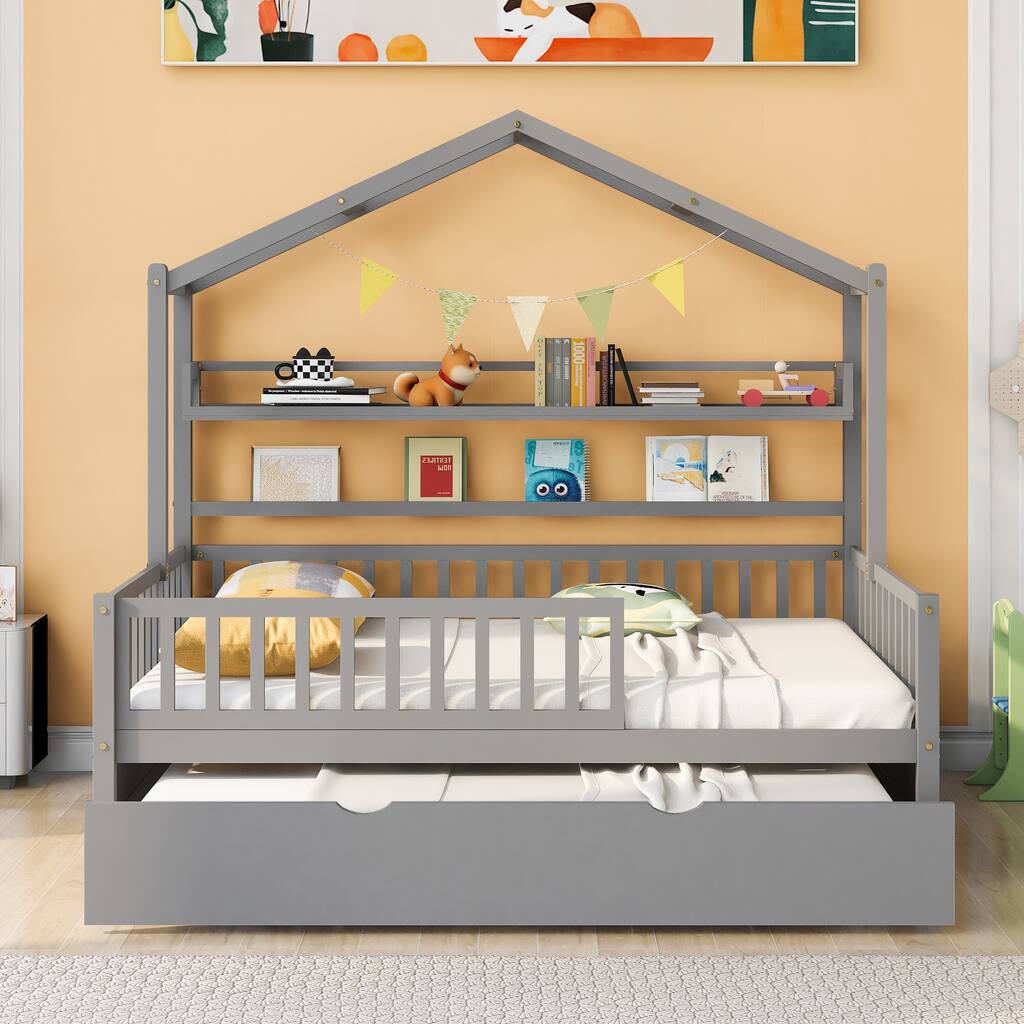 Full Size Wooden House Bed with Twin Trundle and Storage Shelves, Kids Playhouse Bed