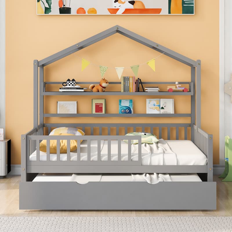Wooden House Bed with Twin Trundle and Shelf, Full-Length Guardrail