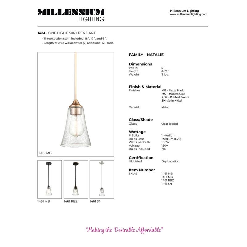 Millennium Lighting Natalie Mini-Pendant Fixture in Multiple Finishes