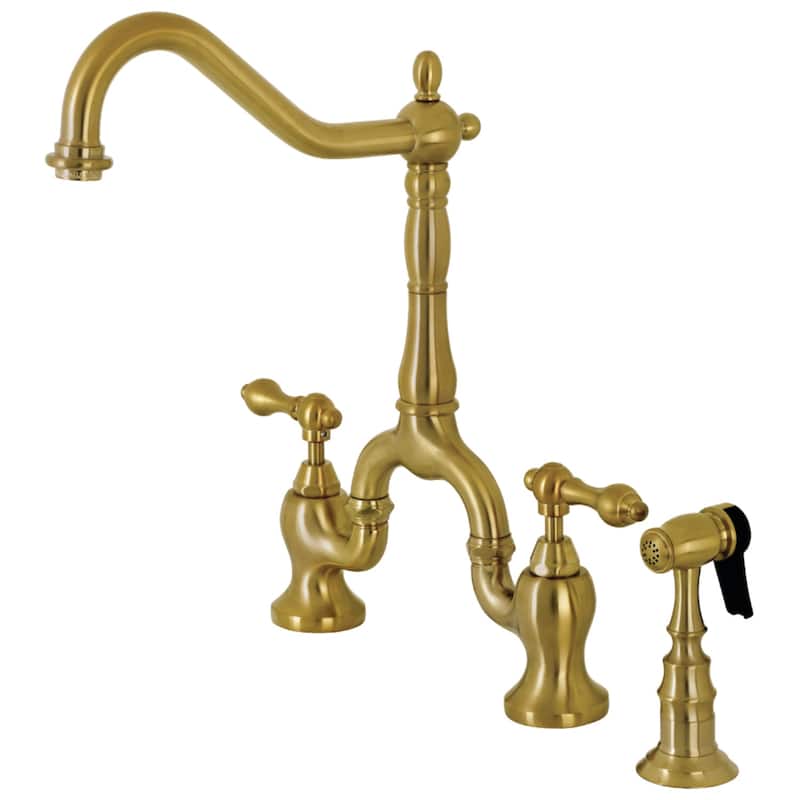 Kingston Brass English Country Bridge Kitchen Faucet with Brass Sprayer - Brushed Brass