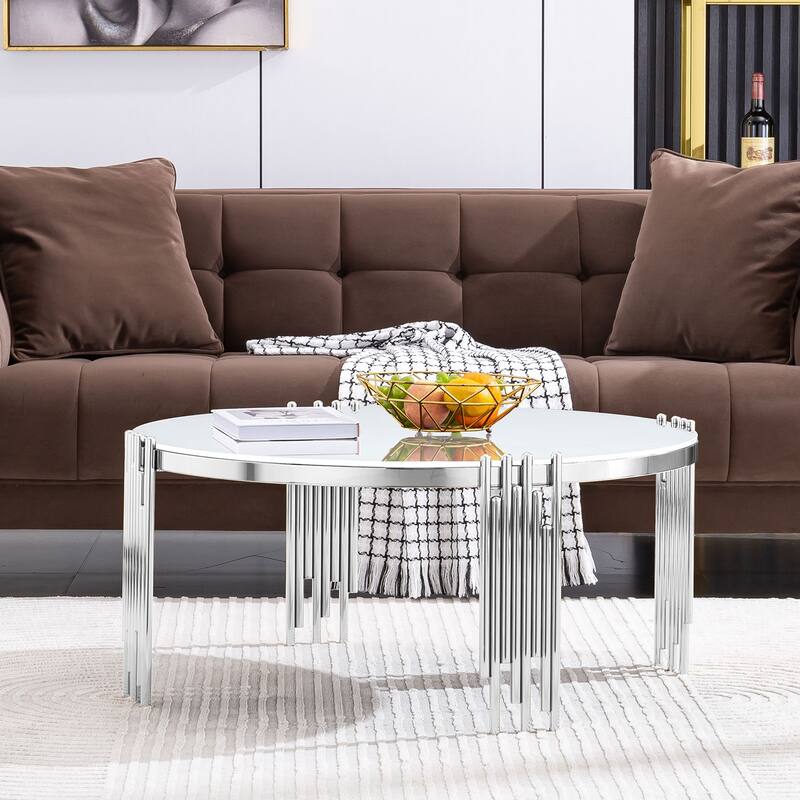 Modern 36" Round Coffee Table with Tempered Glass Top and Polished Chime-Shaped Legs