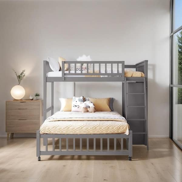 slide 2 of 15, Wooden Twin Over Full Bunk Bed With 6 Drawers And Shelves, Grey Grey
