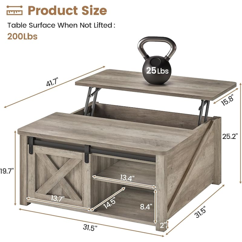Coffee Table Lift Top Square Center Table Barn Door Adjustable Shelves
