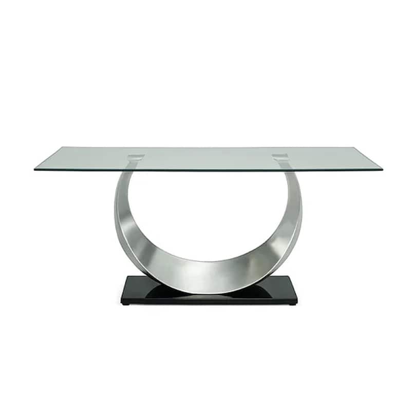 Metal and Glass Dining Table with Unique U Shape Pedestal Base, Chrome and Black
