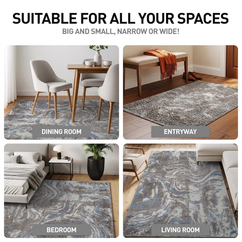 Abstract Marble Shag Rug - Anthracite Dark Gray - Plush Medium Pile, Durable with Jute Backing