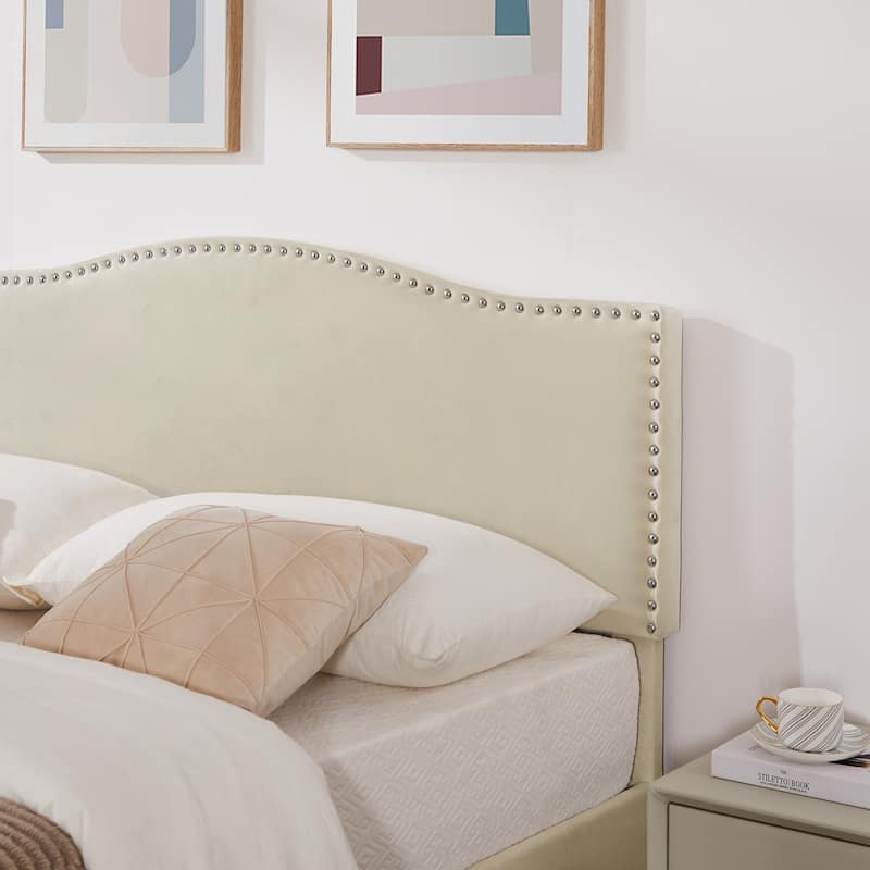 VECELO, Upholstered Platform Bed Frame with Nailhead Headboard- Twin/Full/Queen Size Bed-Beige