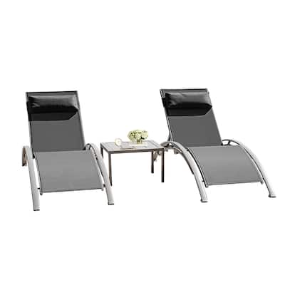 Outdoor Pool Lounge Chairs Set of 3 (2 Lounge Chairs+1 SideTable), Aluminum Patio Recliner Chair with 5 Adjustable Positions