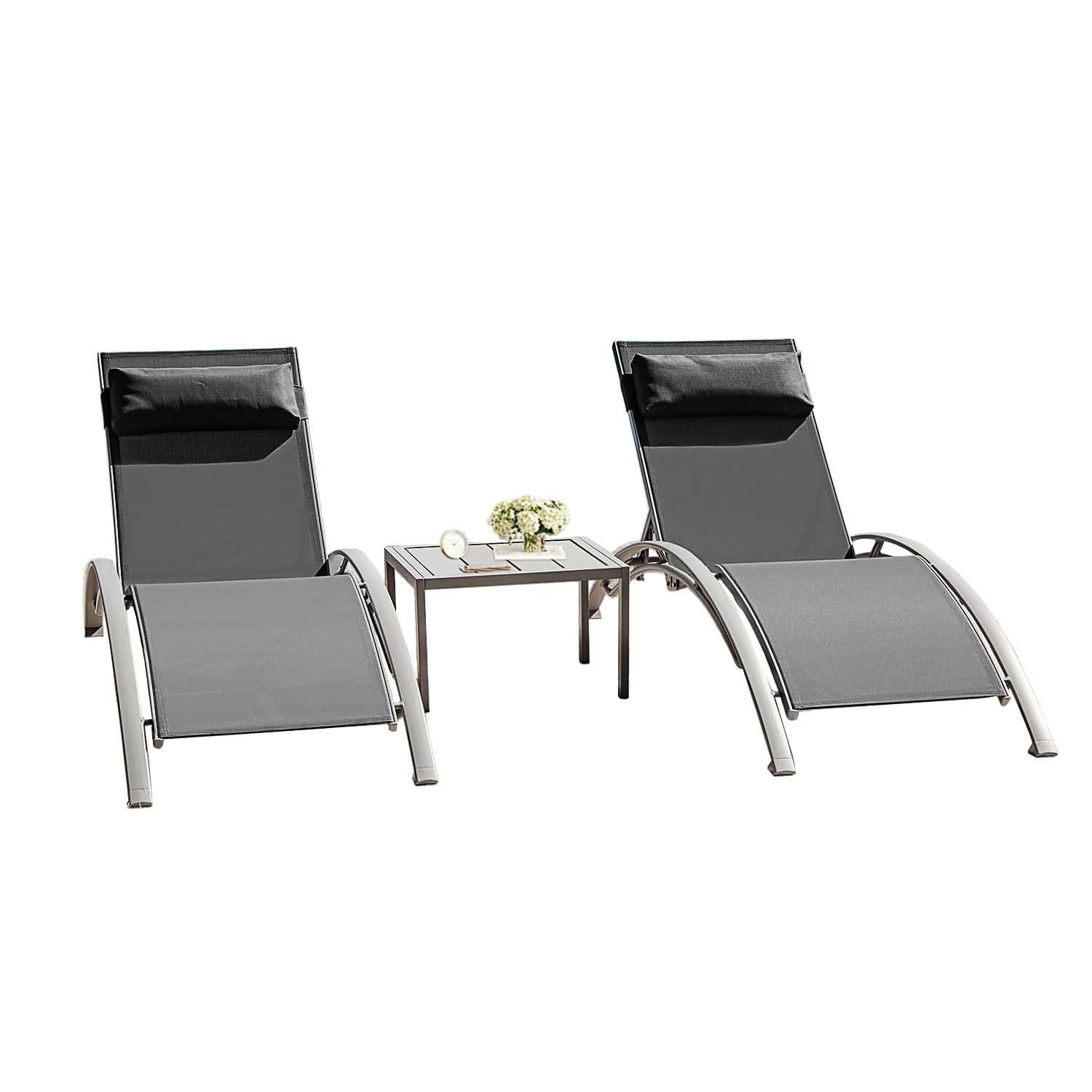 Outdoor Pool Lounge Chairs Set of 3 (2 Lounge Chairs+1 SideTable), Aluminum Patio Recliner Chair with 5 Adjustable Positions