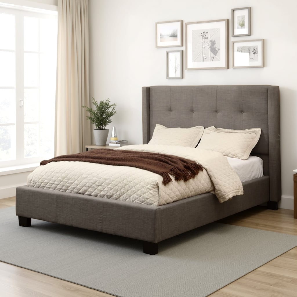 Adams Low Profile California King Bed, Piped Edges, Tufted Linen, Gray