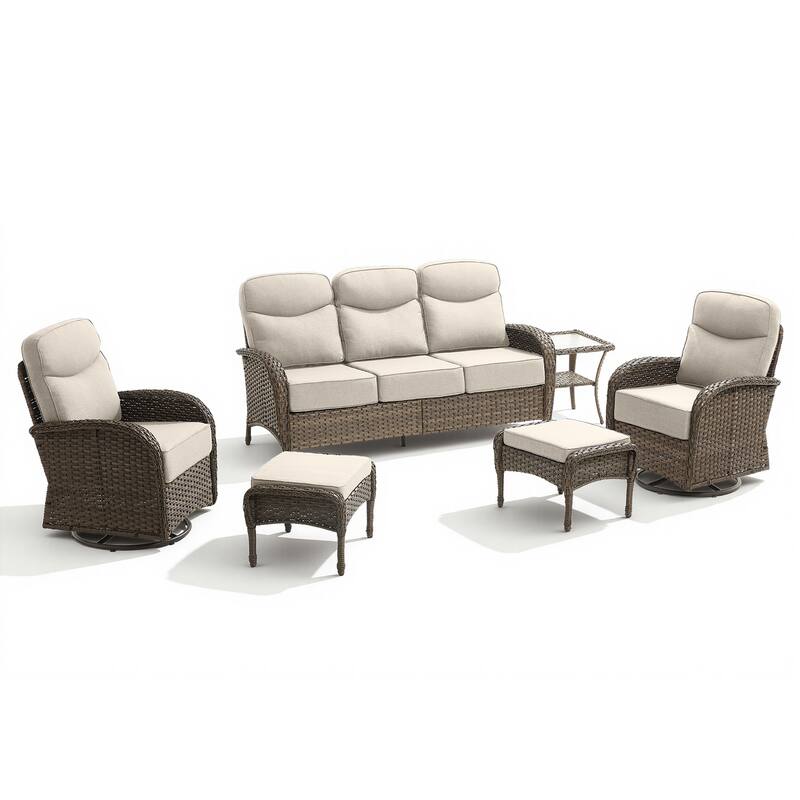 Pocassy Outdoor Wicker Patio Sofa with Swivel Chair and Ottomans