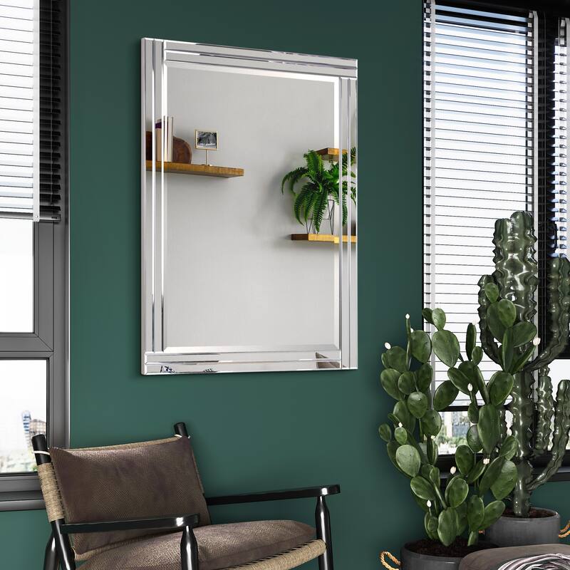 Moderno Stepped Beveled Rectangle Wall Mirror, Solid Wood Frame, 1"-Beveled Center Mirror, Ready to Hang - Clear