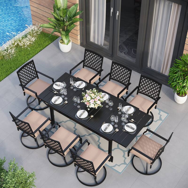 MAISON ARTS Seats up to 6/8 Outdoor Patio Dining Set, 6/8 Metal Mesh Swivel Chairs, 1 Rectangular Expandable Table - 9-Piece