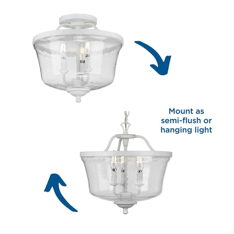 Bowman Collection Cottage White Three-Light Semi-Flush Convertible - 14.180" x 16.565" x 16.550"