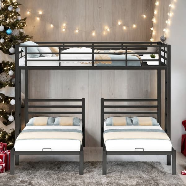 slide 2 of 13, Modern Full Over Twin&Twin Size 3 In 1 Bunk Bed With Built-in Shelf,Sturdy Frame And Safety Guaranteed Black