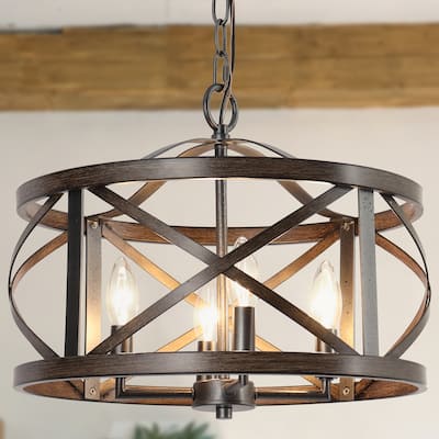 Deun Modern Farmhouse 4-Light Drum Chandelier Wood Grain Cage Lighting for Dining Room