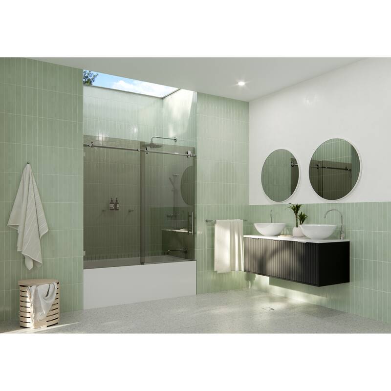 Equinox 60 in. x 60 in. Fully Frameless Glass Bath Slider with Gray Tint