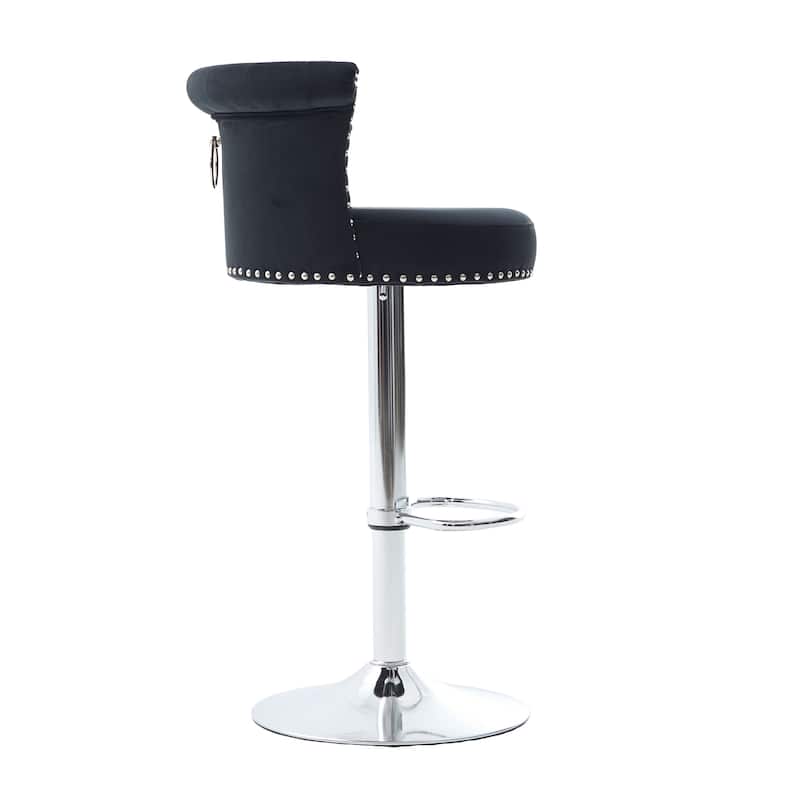 Velvet Bar Stool Set of 2, Adjustable Swivel Bar Stools with Silver Plated Metal Leg, Chrome Nailhead, Counter Height Chair