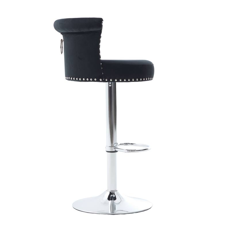 Velvet Upholstered Bar Stool Set of 2, Adjusatble Height Swivel Bar Stools, Dining Chairs with Curved Backrest & Footrest