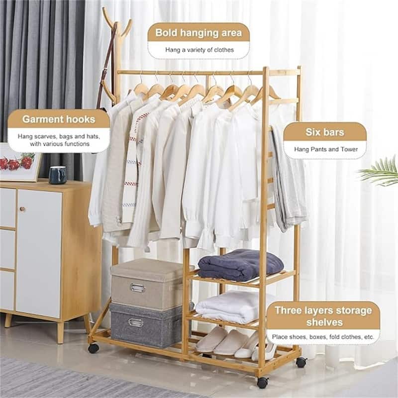 Clothing Rack Bamboo Garment Rack Rolling - 15"D x 39"W x 69"H