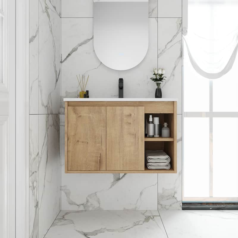 Bathroom Vanity With Sink In 24/30 Inch, Floating Bathroom Vanity With Soft Close Door - 30"W x 18.3"D x 19.7"H - Imitative Oak