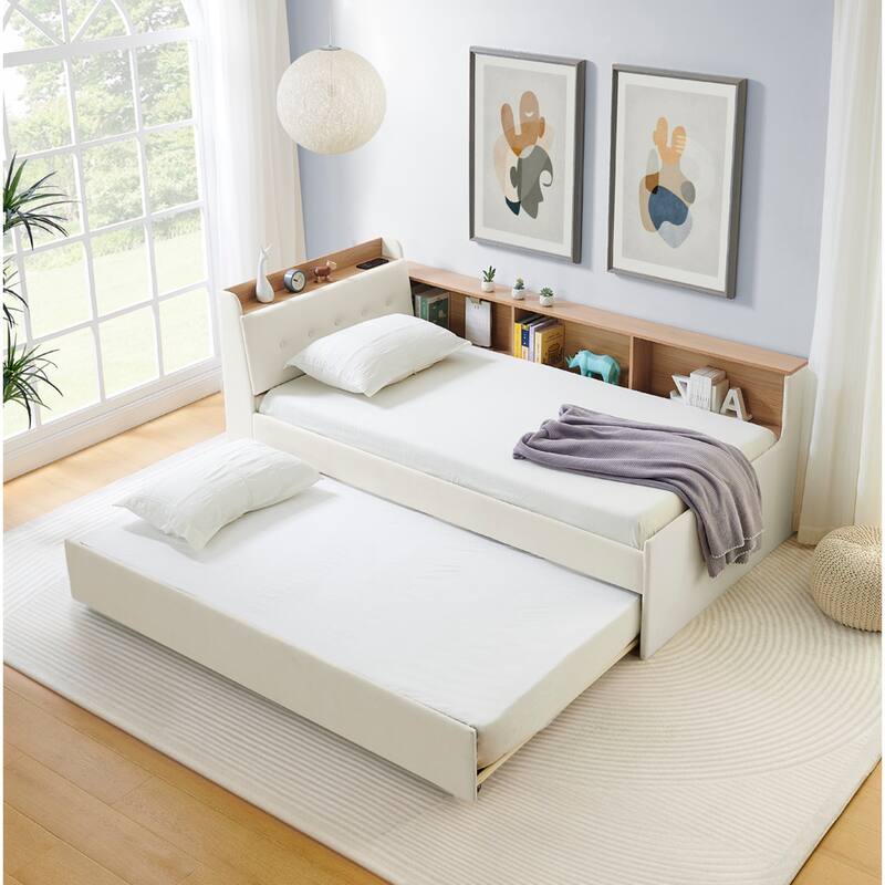 Roomfitters Twin Velvet Height Adjustable Day Bed with Storage Headboard, Wireless Charging and Trundle