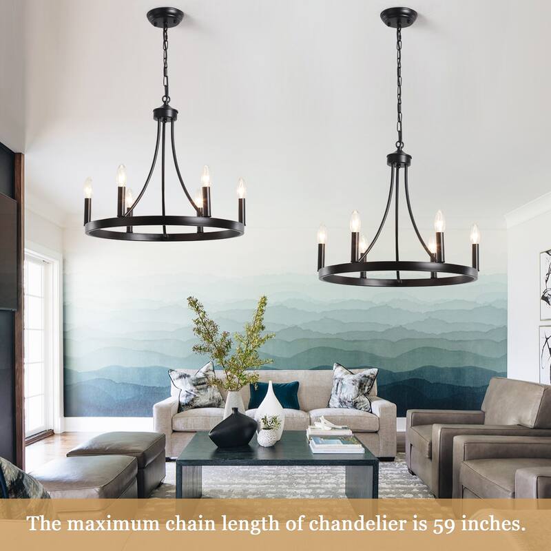 6-Light Farmhouse Candle Circle Hanging Wagon Wheel Chandelier Lighting for Kitchen Island
