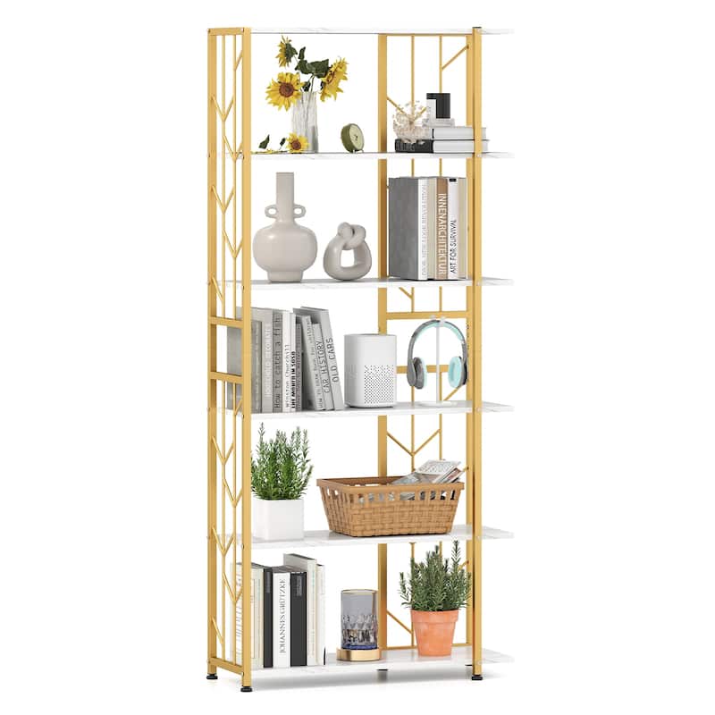 Gymax 6-Tier Bookshelf w/Heavy-duty Metal Frame2 Anti-tipping Kits for - Gold, White