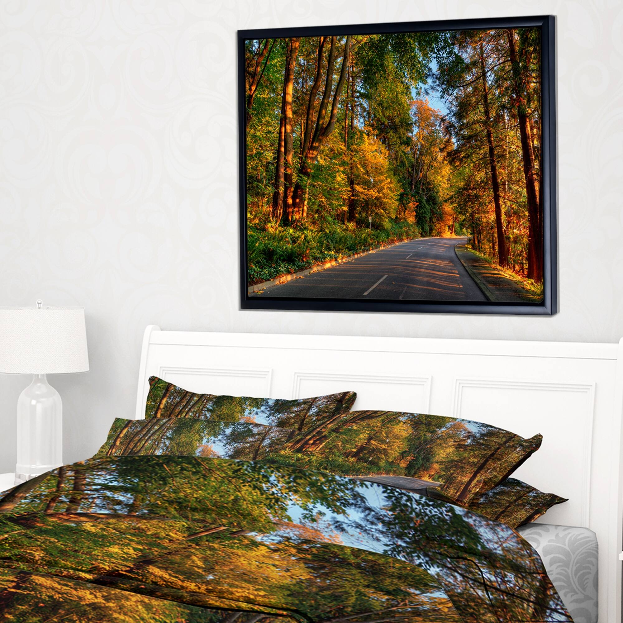 Designart "Road through Lit up Fall Forest" Large Landscape Framed