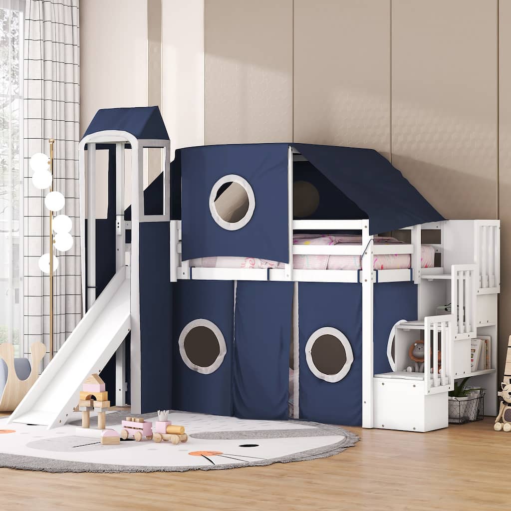 Blue Twin Loft Bed with Tent, Tower, and Playhouse Design for Kids