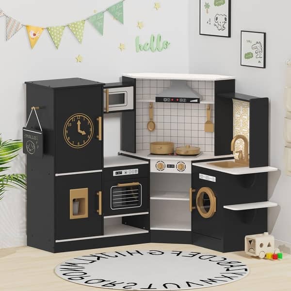 slide 2 of 8, Black Coner Wooden Play Kitchen with Real Lights & Sounds, Trendy Home Style Kitchen Playset, Gift for Boys & Girls Ages 3+