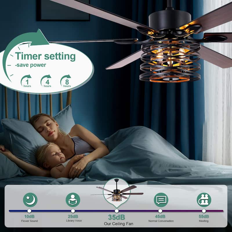Cusp Barn 65 Inch Chandelier Fan Farmhouse Ceiling Fan with Light, Black Industrial Caged Silent Reversible DC Motor Ceiling Fan