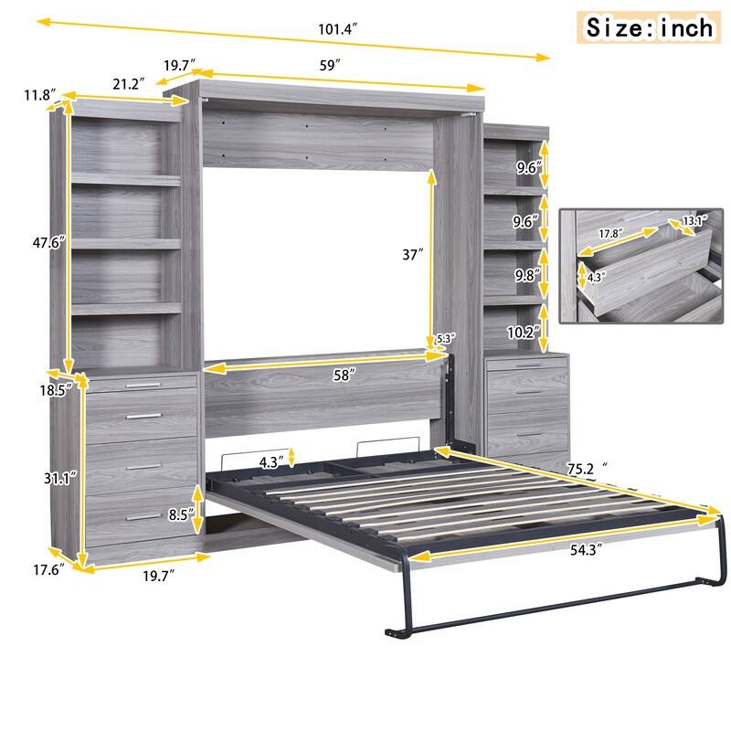 Clever Design Murphy Bed with Multiple Storage Shelves and Drawers,Twin/Full Size