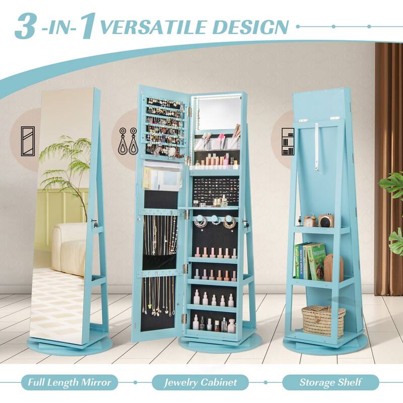 Gymax 360° Rotating Mirrored Jewelry Cabinet Armoire 3 Color LED Modes