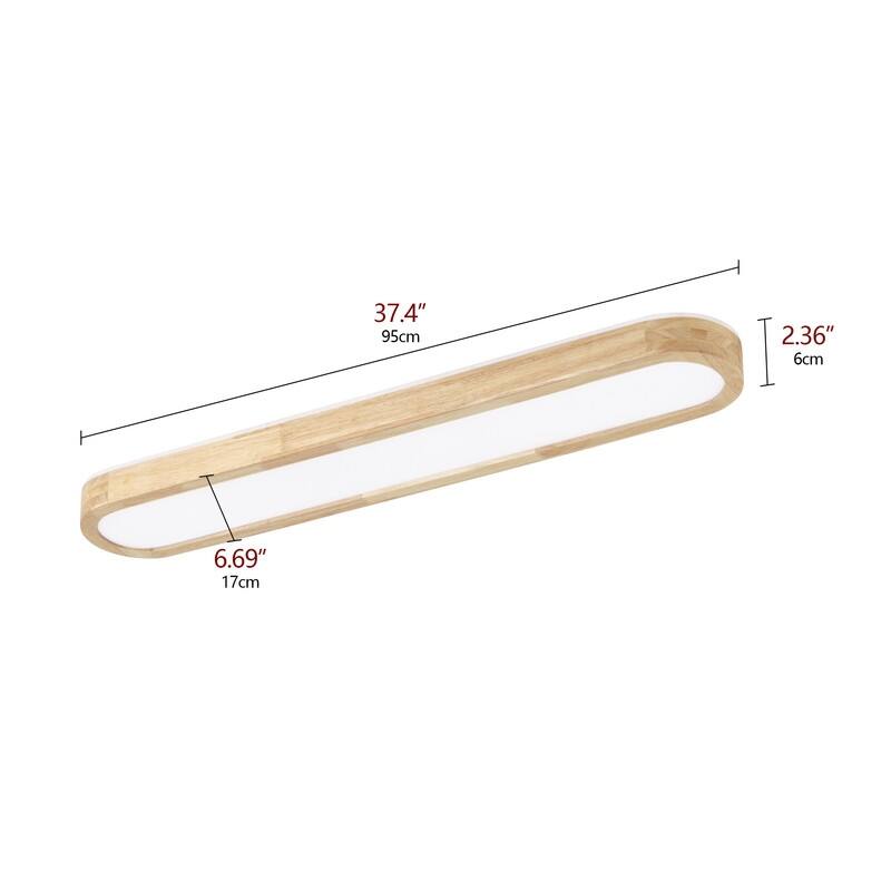 Modern Linear Flush Mount Ceiling Light Matte White Metal with Wood Grain Accent Milky White Diffuser